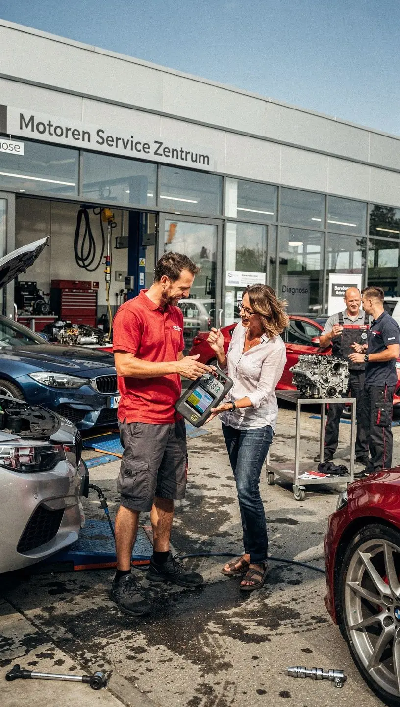 Mechaniker überprüft Motordiagnosegerät in moderner Werkstatt