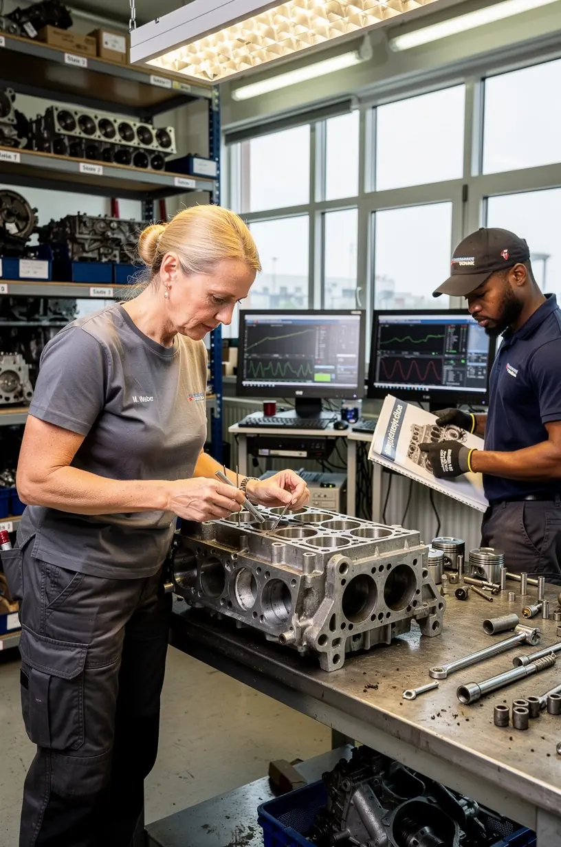 Nahaufnahme eines überholten Motors mit sichtbaren Ersatzteilen und Werkzeugen