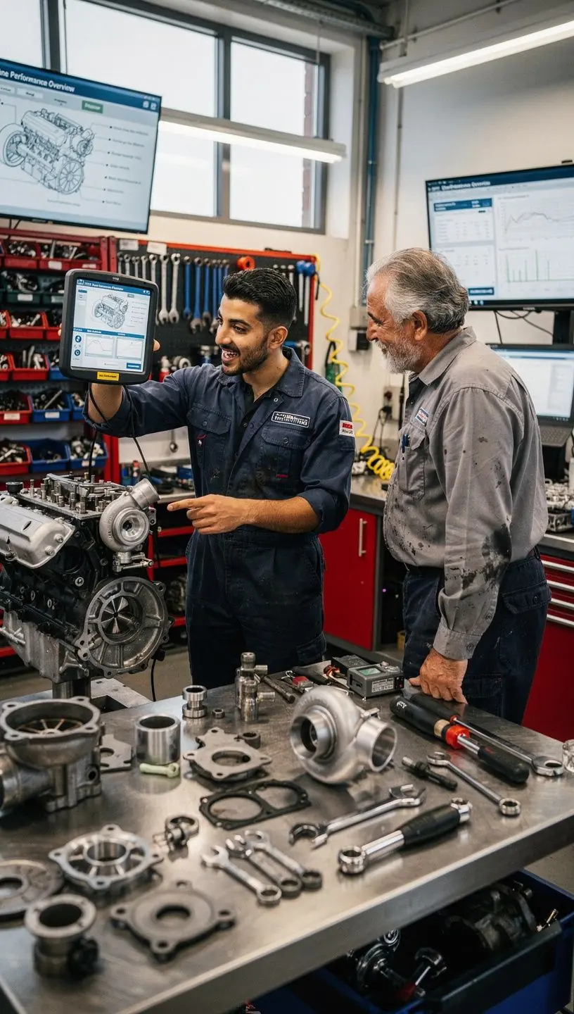 Techniker führt Leistungsoptimierung an Fahrzeugmotor mit Spezialsoftware durch